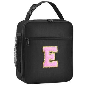 Brand New Initial Insulated Lunch Bag with Pink Initial Letter "E" Patch- Black